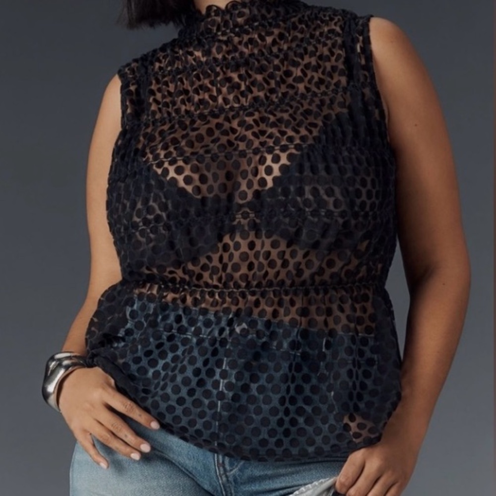 🟠NWT MAEVE by ANTHROPOLOGIE Smocked High-Neck Tiered Sheer Tank Top in Black
